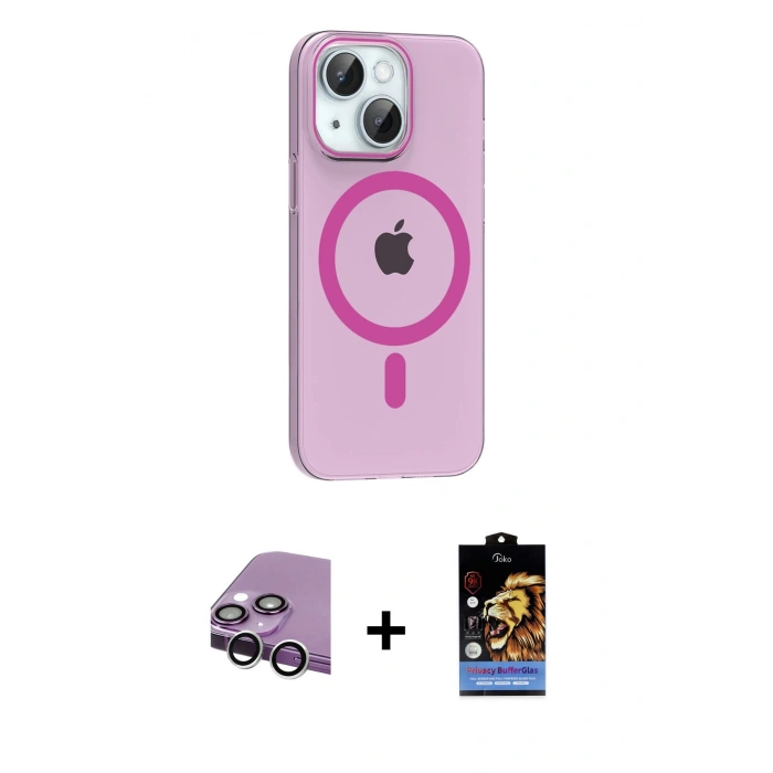 MARSİLYAN™- iPhone 14 Kılıf Pusula Form Özel Seri - Siyah Buffer Hayalet Cam Ekran Koruyucu + Gümüş Raze Metal Kamera Lens