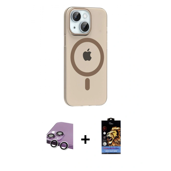 MARSİLYAN™- iPhone 14 Kılıf Pusula Form Özel Seri - Siyah Buffer Hayalet Cam Ekran Koruyucu + Gümüş Raze Metal Kamera Lens