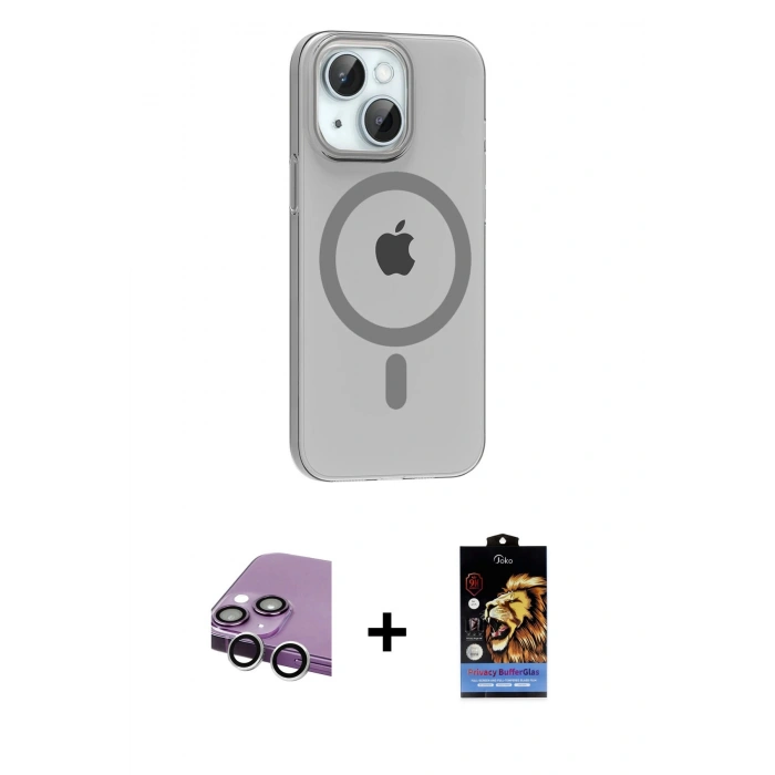 MARSİLYAN™- iPhone 14 Kılıf Pusula Form Özel Seri - Siyah Buffer Hayalet Cam Ekran Koruyucu + Gümüş Raze Metal Kamera Lens