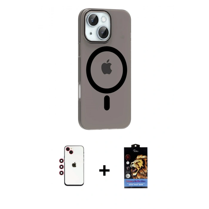 MARSİLYAN™- iPhone 14 Kılıf Pusula Form Özel Seri - Siyah Buffer Hayalet Cam Ekran Koruyucu + Shine Kamera Lens - KI