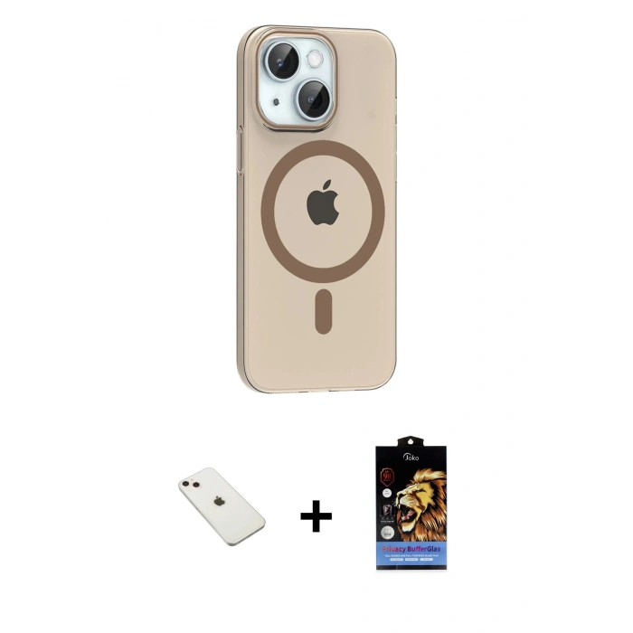 MARSİLYAN™- iPhone 14 Kılıf Pusula Form Özel Seri - Siyah Buffer Hayalet Cam Ekran Koruyucu + Diamond Kamera Lens - PE