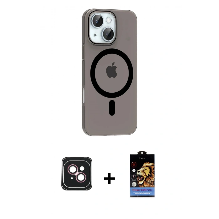 MARSİLYAN™- iPhone 14 Kılıf Pusula Form Özel Seri - Siyah Buffer Hayalet Cam Ekran Koruyucu + PVD Metal Kamera Lens - PE
