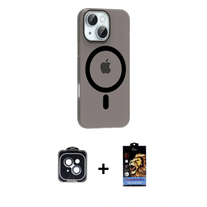 MARSİLYAN™- iPhone 14 Kılıf Pusula Form Özel Seri - Siyah Buffer Hayalet Cam Ekran Koruyucu + PVD Metal Kamera Lens - SH