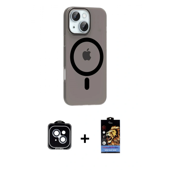 MARSİLYAN™- iPhone 14 Kılıf Pusula Form Özel Seri - Siyah Buffer Hayalet Cam Ekran Koruyucu + PVD Metal Kamera Lens - MI