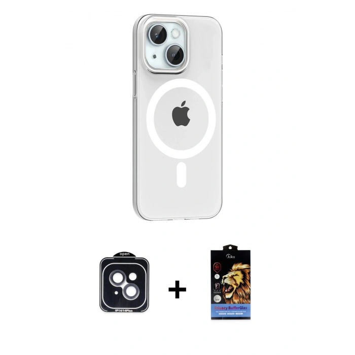 MARSİLYAN™- iPhone 14 Kılıf Pusula Form Özel Seri - Siyah Buffer Hayalet Cam Ekran Koruyucu + PVD Metal Kamera Lens - SH