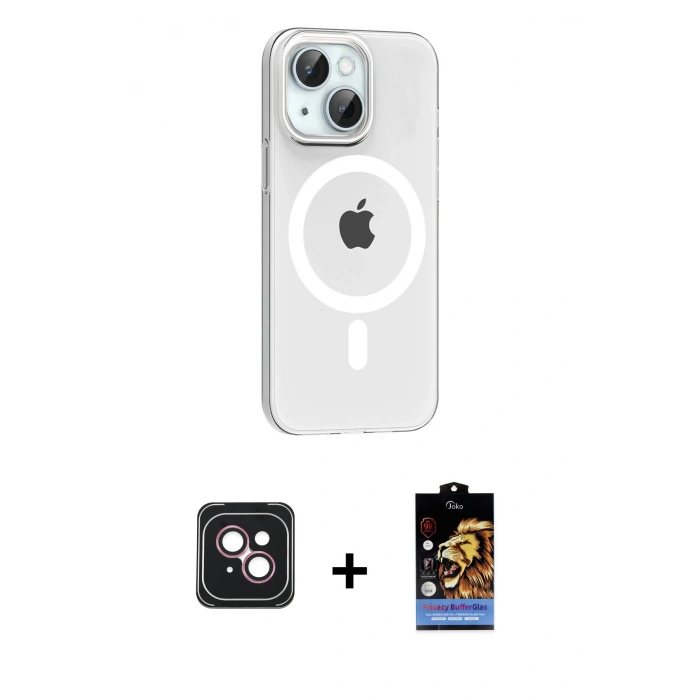 MARSİLYAN™- iPhone 14 Kılıf Pusula Form Özel Seri - Siyah Buffer Hayalet Cam Ekran Koruyucu + PVD Metal Kamera Lens - PE