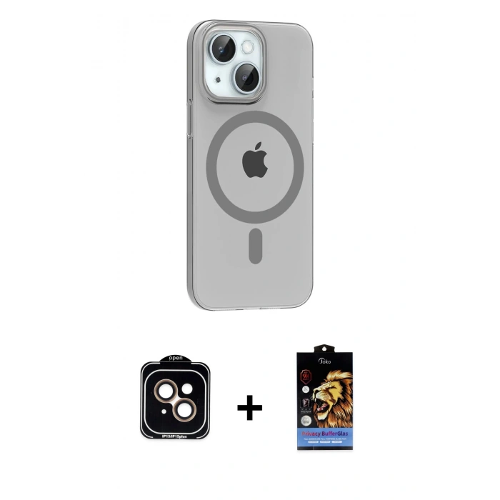 MARSİLYAN™- iPhone 14 Kılıf Pusula Form Özel Seri - Siyah Buffer Hayalet Cam Ekran Koruyucu + PVD Metal Kamera Lens - TU