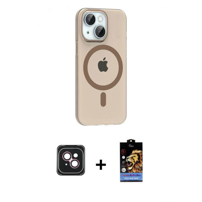 MARSİLYAN™- iPhone 14 Kılıf Pusula Form Özel Seri - Siyah Buffer Hayalet Cam Ekran Koruyucu + PVD Metal Kamera Lens - PE