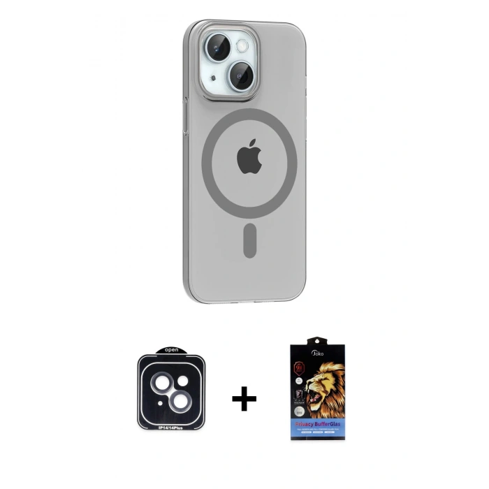 MARSİLYAN™- iPhone 14 Kılıf Pusula Form Özel Seri - Siyah Buffer Hayalet Cam Ekran Koruyucu + PVD Metal Kamera Lens - SH