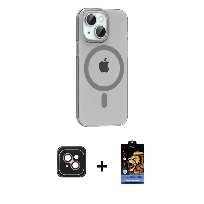 MARSİLYAN™- iPhone 14 Kılıf Pusula Form Özel Seri - Siyah Buffer Hayalet Cam Ekran Koruyucu + PVD Metal Kamera Lens - PE