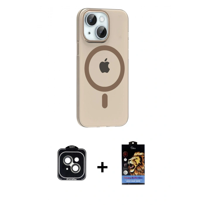 MARSİLYAN™- iPhone 14 Kılıf Pusula Form Özel Seri - Siyah Buffer Hayalet Cam Ekran Koruyucu + PVD Metal Kamera Lens - YL