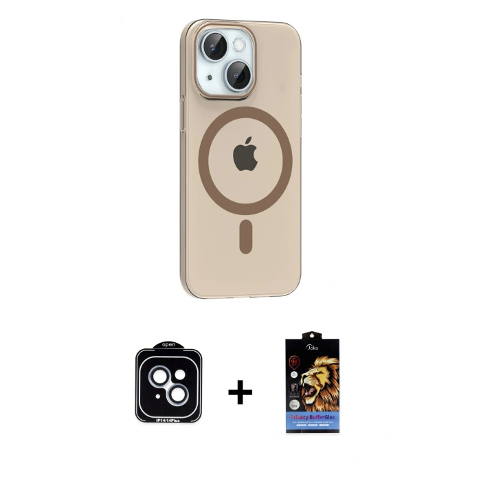 MARSİLYAN™- iPhone 14 Kılıf Pusula Form Özel Seri - Siyah Buffer Hayalet Cam Ekran Koruyucu + PVD Metal Kamera Lens - MI