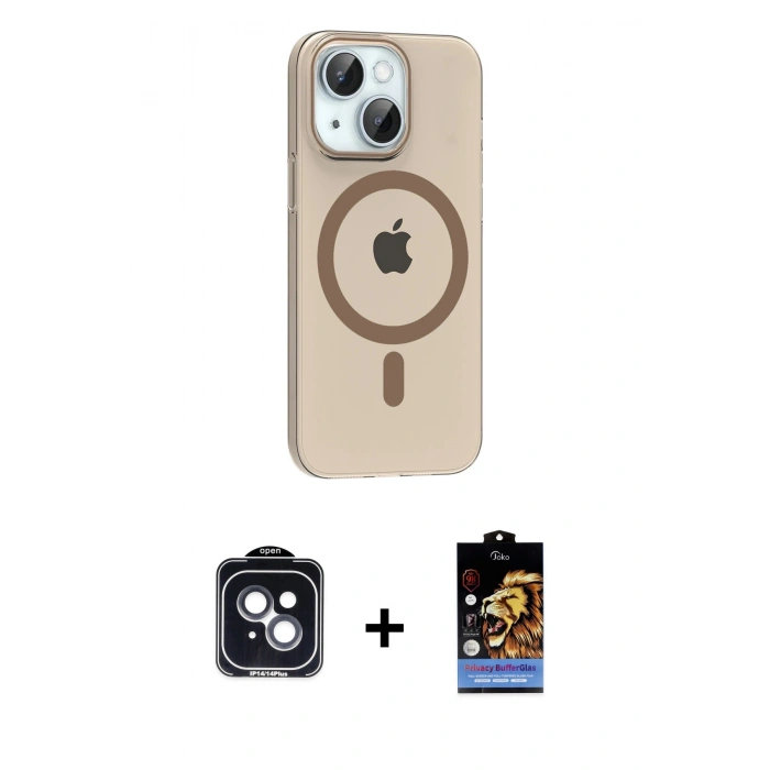 MARSİLYAN™- iPhone 14 Kılıf Pusula Form Özel Seri - Siyah Buffer Hayalet Cam Ekran Koruyucu + PVD Metal Kamera Lens - SH