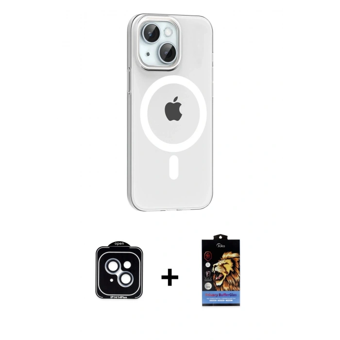 MARSİLYAN™- iPhone 14 Kılıf Pusula Form Özel Seri - Siyah Buffer Hayalet Cam Ekran Koruyucu + PVD Metal Kamera Lens - MI