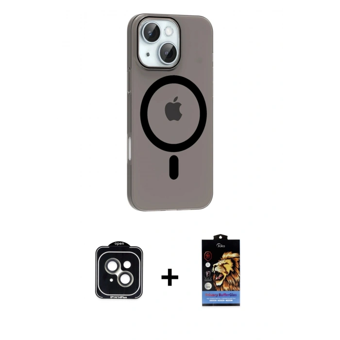 MARSİLYAN™- iPhone 14 Kılıf Pusula Form Özel Seri - Siyah Buffer Hayalet Cam Ekran Koruyucu + PVD Metal Kamera Lens - YL