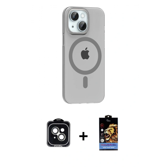 MARSİLYAN™- iPhone 14 Kılıf Pusula Form Özel Seri - Siyah Buffer Hayalet Cam Ekran Koruyucu + PVD Metal Kamera Lens - YL