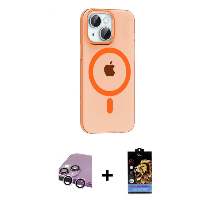 MARSİLYAN™- iPhone 14 Kılıf Pusula Form Özel Seri - Siyah Buffer Hayalet Cam Ekran Koruyucu + Raze Metal Kamera Lens - MR