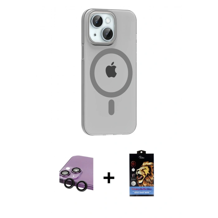 MARSİLYAN™- iPhone 14 Kılıf Pusula Form Özel Seri - Siyah Buffer Hayalet Cam Ekran Koruyucu + Raze Metal Kamera Lens - SH
