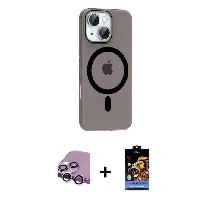 MARSİLYAN™- iPhone 14 Kılıf Pusula Form Özel Seri - Siyah Buffer Hayalet Cam Ekran Koruyucu + Raze Metal Kamera Lens - MR