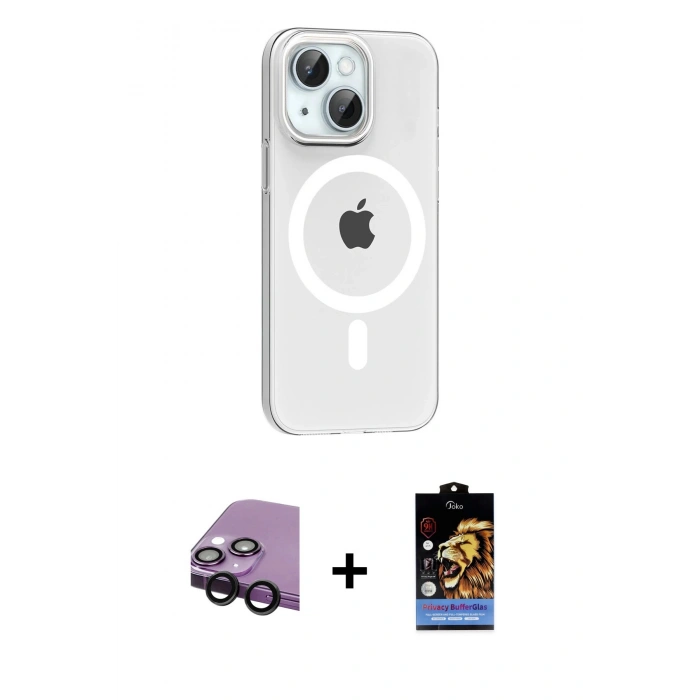 MARSİLYAN™- iPhone 14 Kılıf Pusula Form Özel Seri - Siyah Buffer Hayalet Cam Ekran Koruyucu + Raze Metal Kamera Lens - SH
