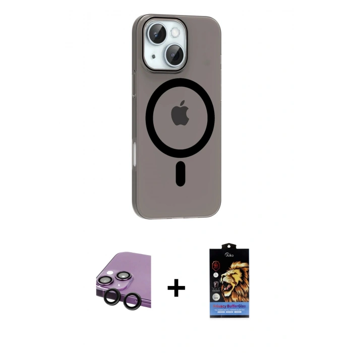 MARSİLYAN™- iPhone 14 Kılıf Pusula Form Özel Seri - Siyah Buffer Hayalet Cam Ekran Koruyucu + Raze Metal Kamera Lens - SH