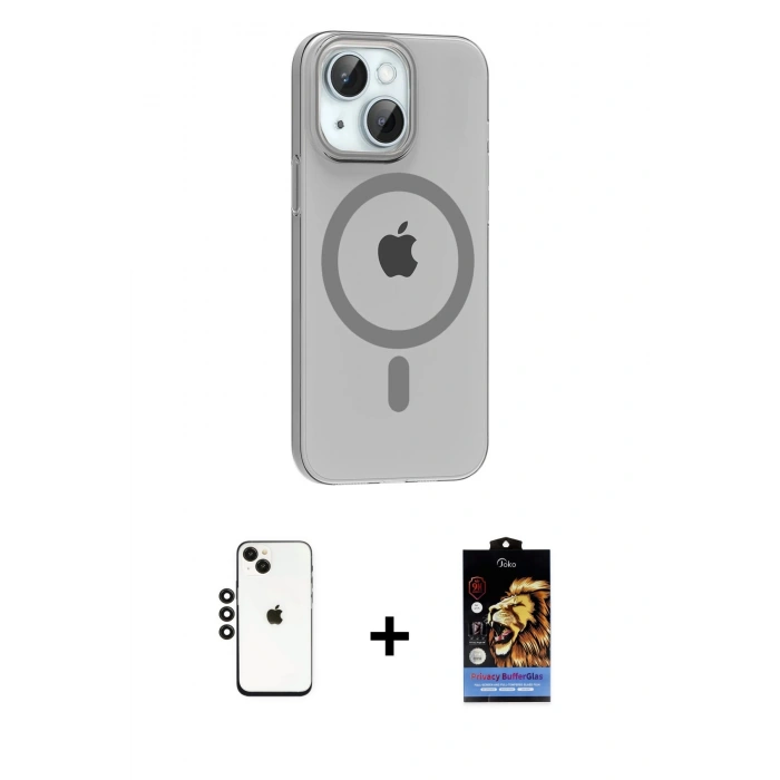 MARSİLYAN™- iPhone 14 Kılıf Pusula Form Özel Seri - Siyah Buffer Hayalet Cam Ekran Koruyucu + Shine Kamera Lens - SH