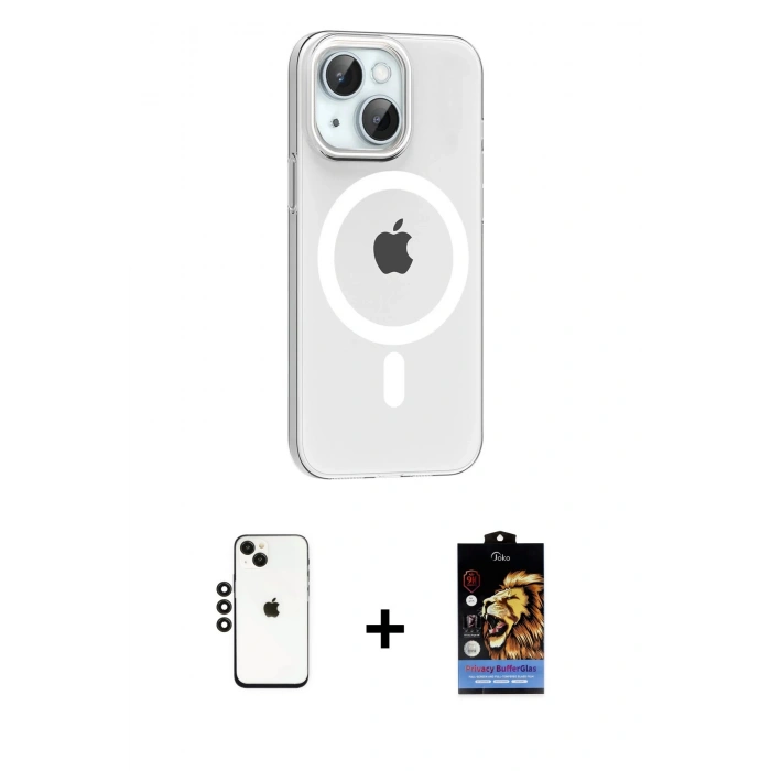 MARSİLYAN™- iPhone 14 Kılıf Pusula Form Özel Seri - Siyah Buffer Hayalet Cam Ekran Koruyucu + Shine Kamera Lens - SH