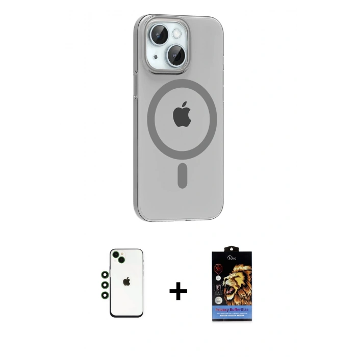 MARSİLYAN™- iPhone 14 Kılıf Pusula Form Özel Seri - Siyah Buffer Hayalet Cam Ekran Koruyucu + Shine Kamera Lens - YL