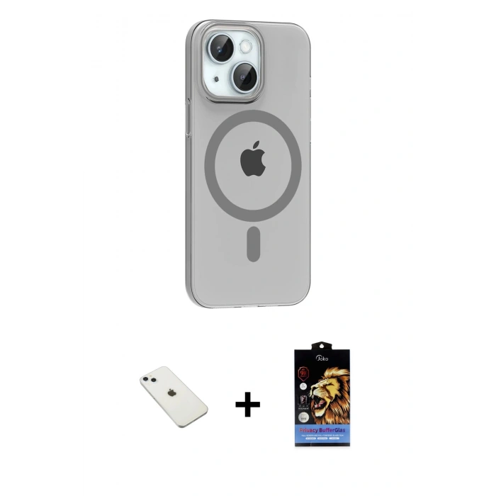 MARSİLYAN™- iPhone 14 Kılıf Pusula Form Özel Seri - Siyah Buffer Hayalet Cam Ekran Koruyucu + Diamond Kamera Lens - SABE
