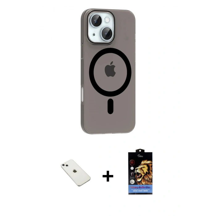 MARSİLYAN™- iPhone 14 Kılıf Pusula Form Özel Seri - Siyah Buffer Hayalet Cam Ekran Koruyucu + Diamond Kamera Lens - SABE