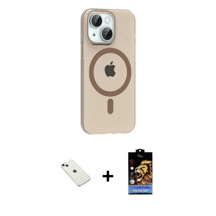 MARSİLYAN™- iPhone 14 Kılıf Pusula Form Özel Seri - Siyah Buffer Hayalet Cam Ekran Koruyucu + Diamond Kamera Lens - YL
