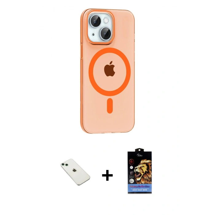 MARSİLYAN™- iPhone 14 Kılıf Pusula Form Özel Seri - Siyah Buffer Hayalet Cam Ekran Koruyucu + Diamond Kamera Lens - YL