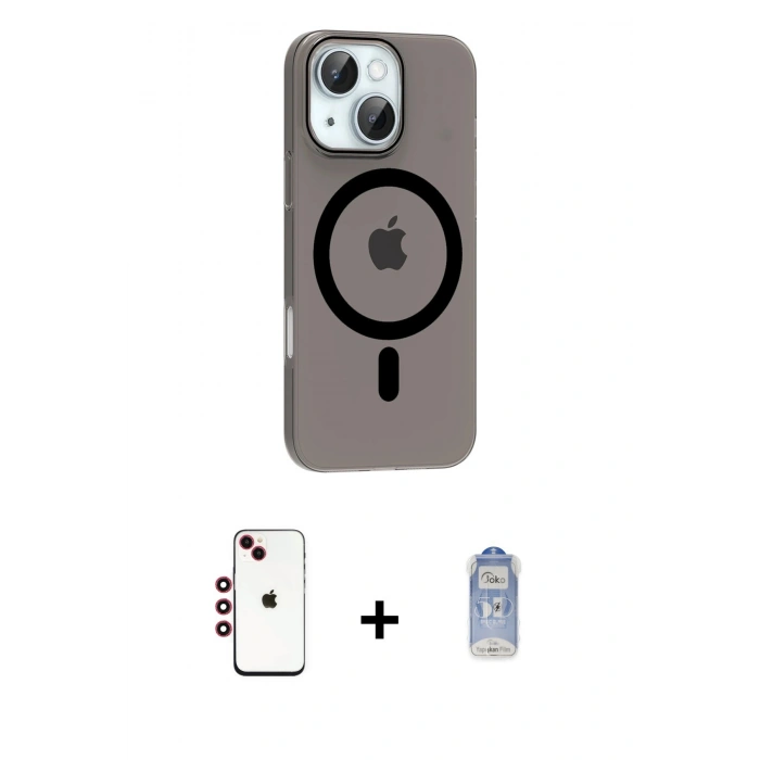 MARSİLYAN™- iPhone 14 Kılıf Pusula Form Özel Seri - Siyah Joko Magic 5D Cam + Shine Kamera Lens - KI