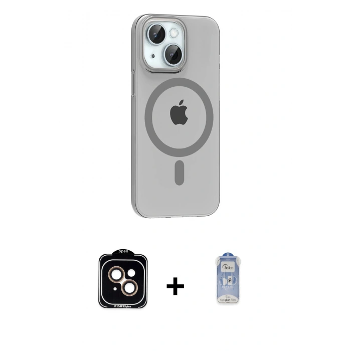 MARSİLYAN™- iPhone 14 Kılıf Pusula Form Özel Seri - Siyah Joko Magic 5D Cam + Turuncu PVD Metal Kamera Lens