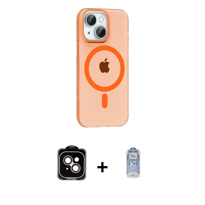 MARSİLYAN™- iPhone 14 Kılıf Pusula Form Özel Seri - Siyah Joko Magic 5D Cam + Turuncu PVD Metal Kamera Lens