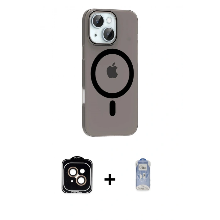 MARSİLYAN™- iPhone 14 Kılıf Pusula Form Özel Seri - Siyah Joko Magic 5D Cam + Turuncu PVD Metal Kamera Lens