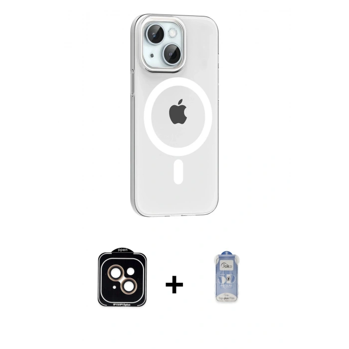 MARSİLYAN™- iPhone 14 Kılıf Pusula Form Özel Seri - Siyah Joko Magic 5D Cam + Turuncu PVD Metal Kamera Lens
