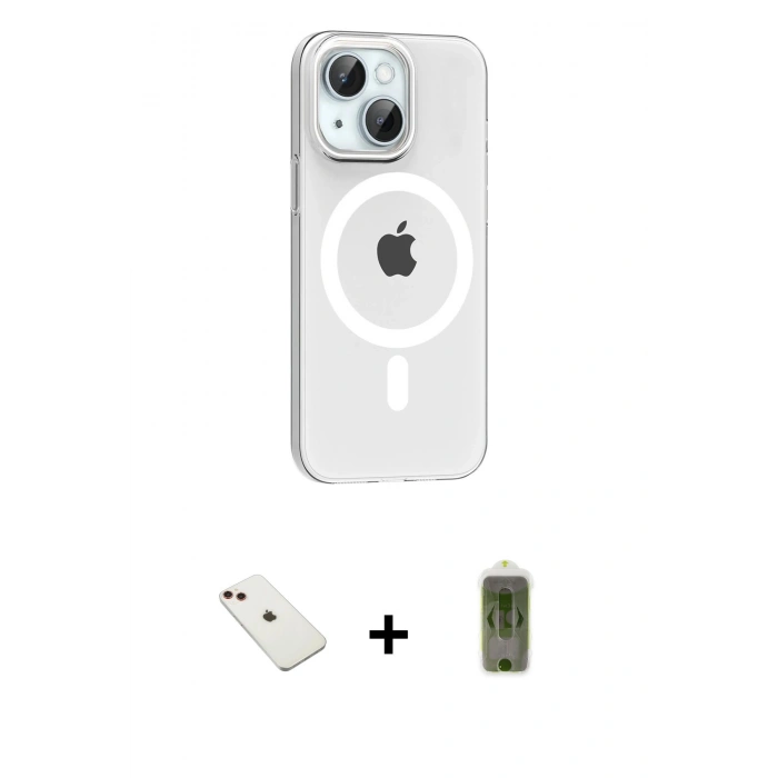 MARSİLYAN™- iPhone 14 Kılıf Pusula Form Özel Seri - Siyah Joko Magic 5D Hayalet Cam + Diamond Kamera Lens - KI