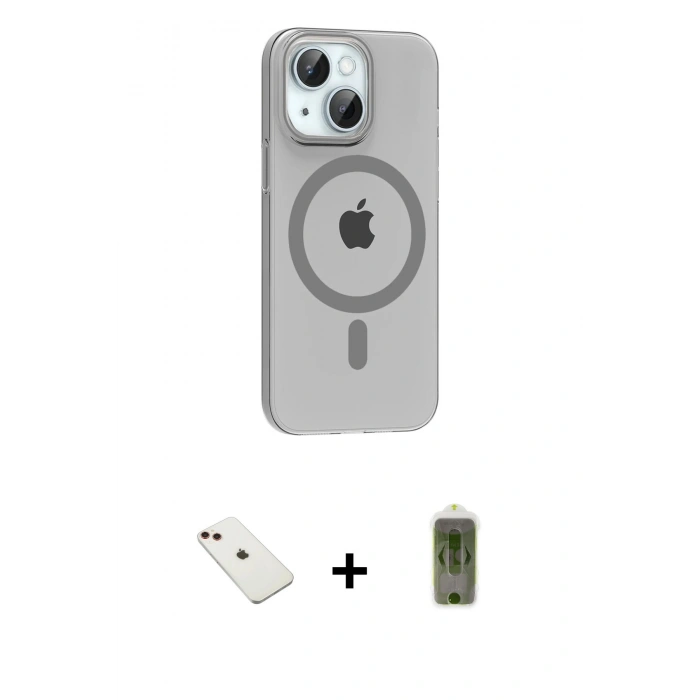 MARSİLYAN™- iPhone 14 Kılıf Pusula Form Özel Seri - Siyah Joko Magic 5D Hayalet Cam + Diamond Kamera Lens - KI