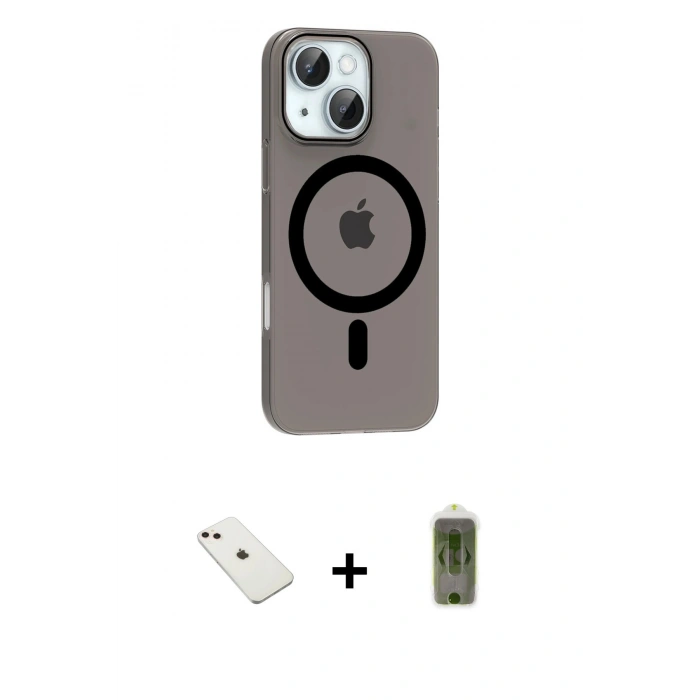 MARSİLYAN™- iPhone 14 Kılıf Pusula Form Özel Seri - Siyah Joko Magic 5D Hayalet Cam + Diamond Kamera Lens - PE