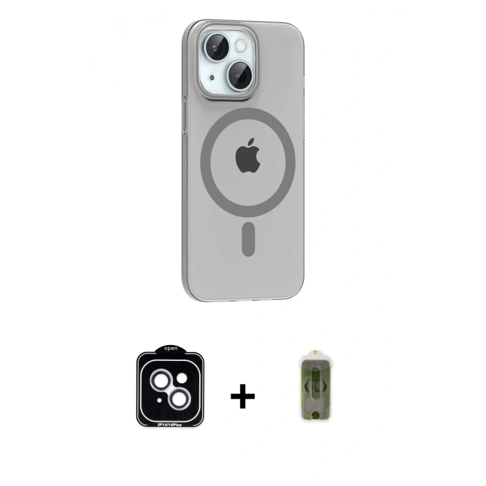 MARSİLYAN™- iPhone 14 Kılıf Pusula Form Özel Seri - Siyah Joko Magic 5D Hayalet Cam + Gümüş PVD Metal Kamera Lens