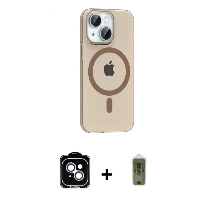 MARSİLYAN™- iPhone 14 Kılıf Pusula Form Özel Seri - Siyah Joko Magic 5D Hayalet Cam + Gümüş PVD Metal Kamera Lens