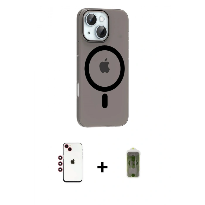 MARSİLYAN™- iPhone 14 Kılıf Pusula Form Özel Seri - Siyah Joko Magic 5D Hayalet Cam + Kırmızı Shine Kamera Lens