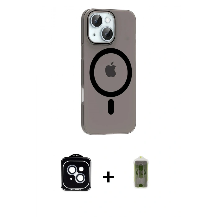 MARSİLYAN™- iPhone 14 Kılıf Pusula Form Özel Seri - Siyah Joko Magic 5D Hayalet Cam + PVD Metal Kamera Lens - MI