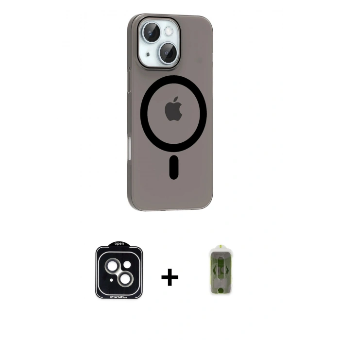 MARSİLYAN™- iPhone 14 Kılıf Pusula Form Özel Seri - Siyah Joko Magic 5D Hayalet Cam + PVD Metal Kamera Lens - YL