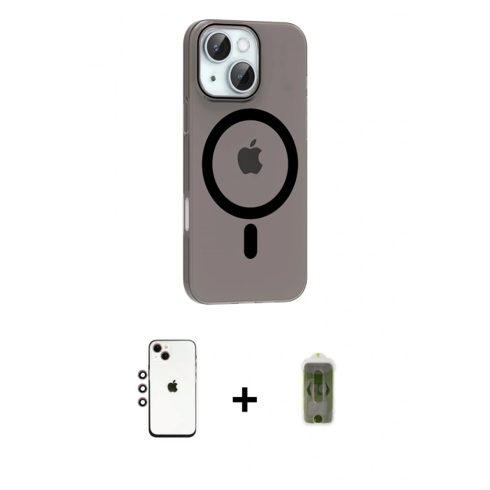 MARSİLYAN™- iPhone 14 Kılıf Pusula Form Özel Seri - Siyah Joko Magic 5D Hayalet Cam + Shine Kamera Lens - GI