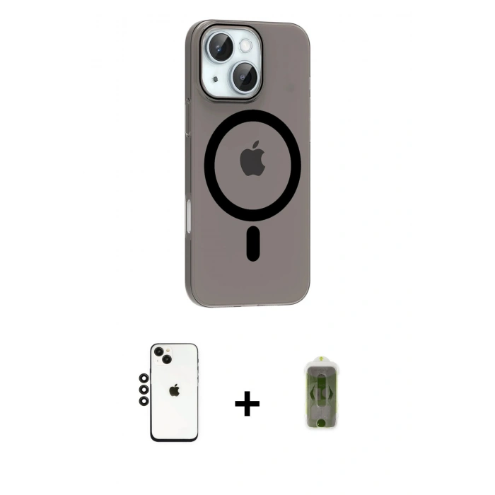MARSİLYAN™- iPhone 14 Kılıf Pusula Form Özel Seri - Siyah Joko Magic 5D Hayalet Cam + Shine Kamera Lens - SH