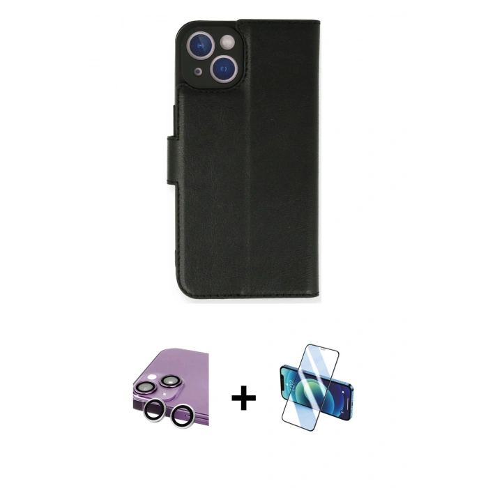 MARSİLYAN™- iPhone 14 Kılıf Siluet Işık Serisi - Siyah 3D Antistatik Cam Ekran Koruyucu + Raze Metal Kamera Lens - GS