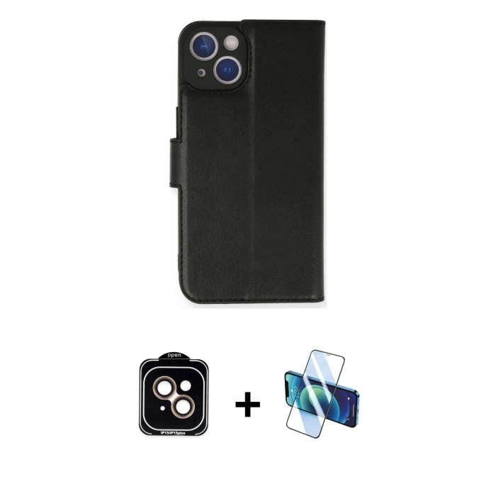 MARSİLYAN™- iPhone 14 Kılıf Siluet Işık Serisi - Siyah 3D Antistatik Cam Ekran Koruyucu + PVD Metal Kamera Lens - TU