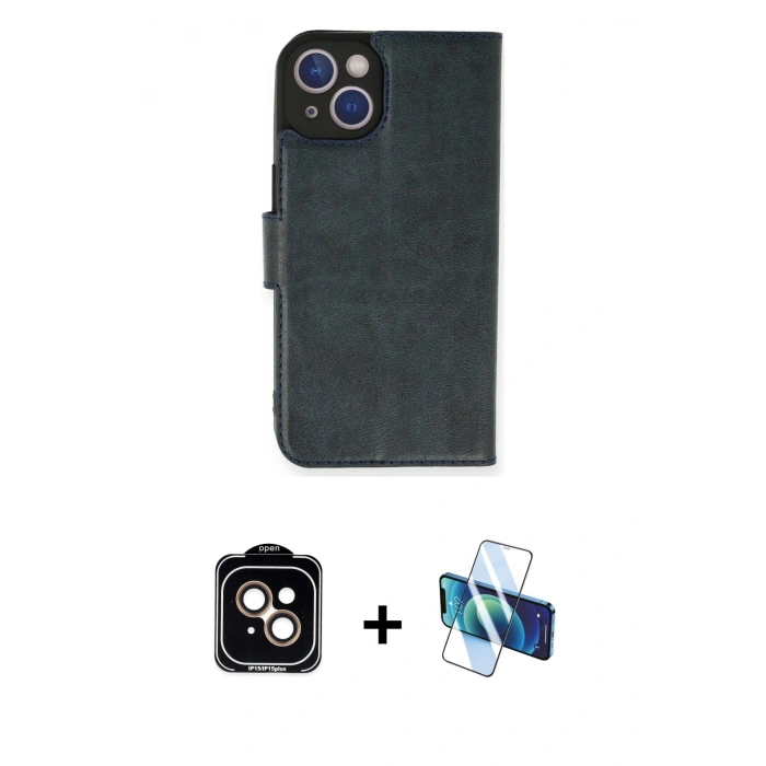 MARSİLYAN™- iPhone 14 Kılıf Siluet Işık Serisi - Siyah 3D Antistatik Cam Ekran Koruyucu + PVD Metal Kamera Lens - TU